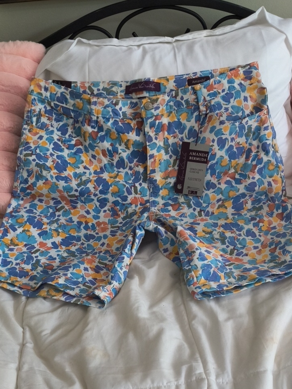 Gloria Vanderbilt Floral Print Flat Front Shorts - Blue/Yellow/White